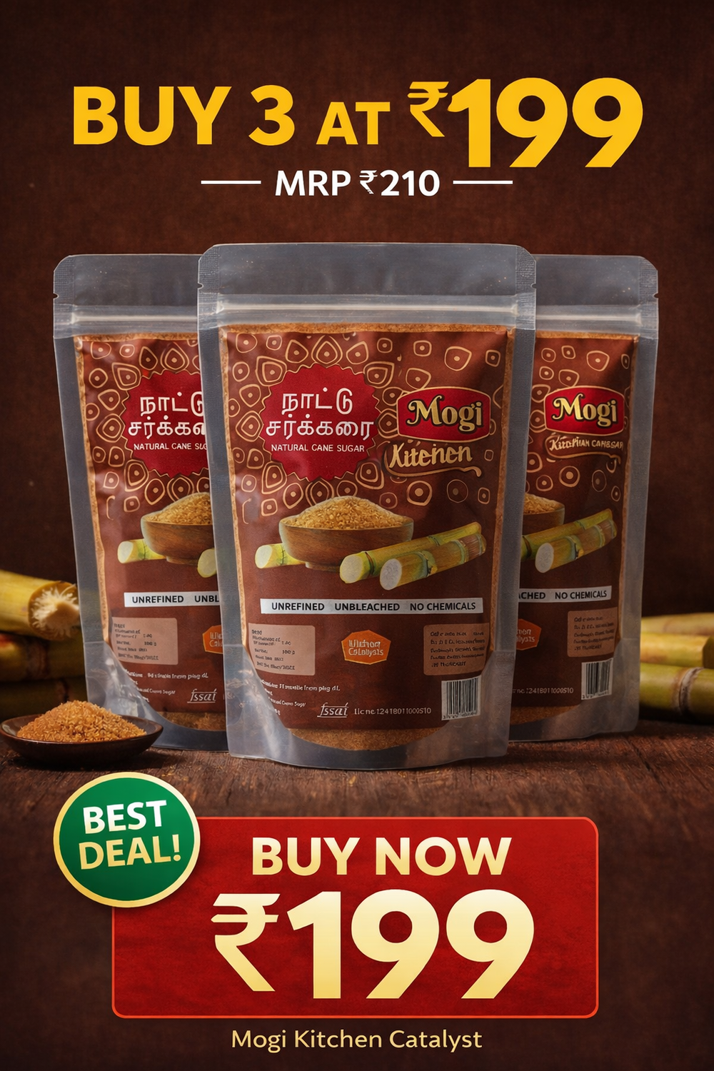 Mogi Kitchen Catalyst Natural Cane Sugar (Naatu Sarkarai) – Unrefined, Chemical-Free | Combo Offer Buy 3 @ ₹199